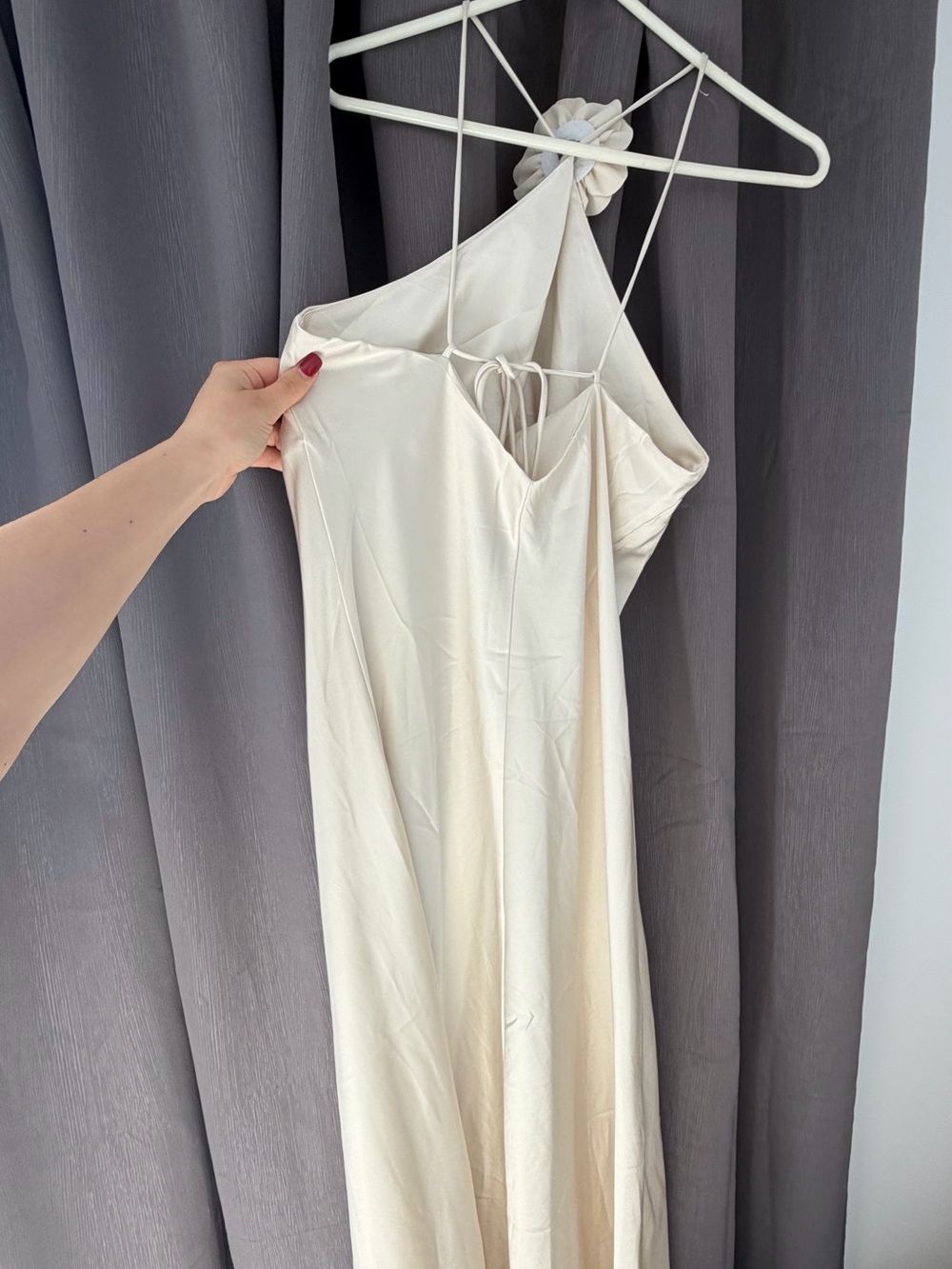 Commense Satin Rosette Halter Midi Dress in Cream Apricot - Picture 5 of 8